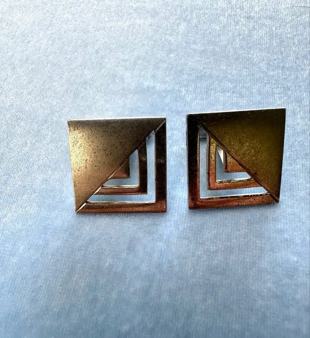 Vintage 925 Sterling Silver Nested Triangle Cufflinks Square Two Tone Modernist